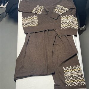 Gabby Isabella Brown Patterned Wide Leg loungewear, offset top and bottom